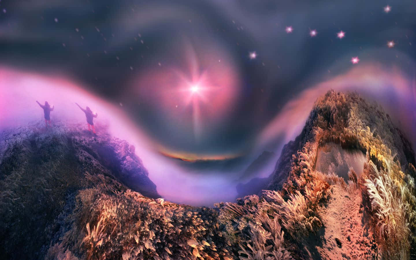 1440x900 桌布 壁紙 — 兩個剪影人物站在山脊上，下方是旋轉的宇宙天空，有一顆光芒四射的粉紅色星星。