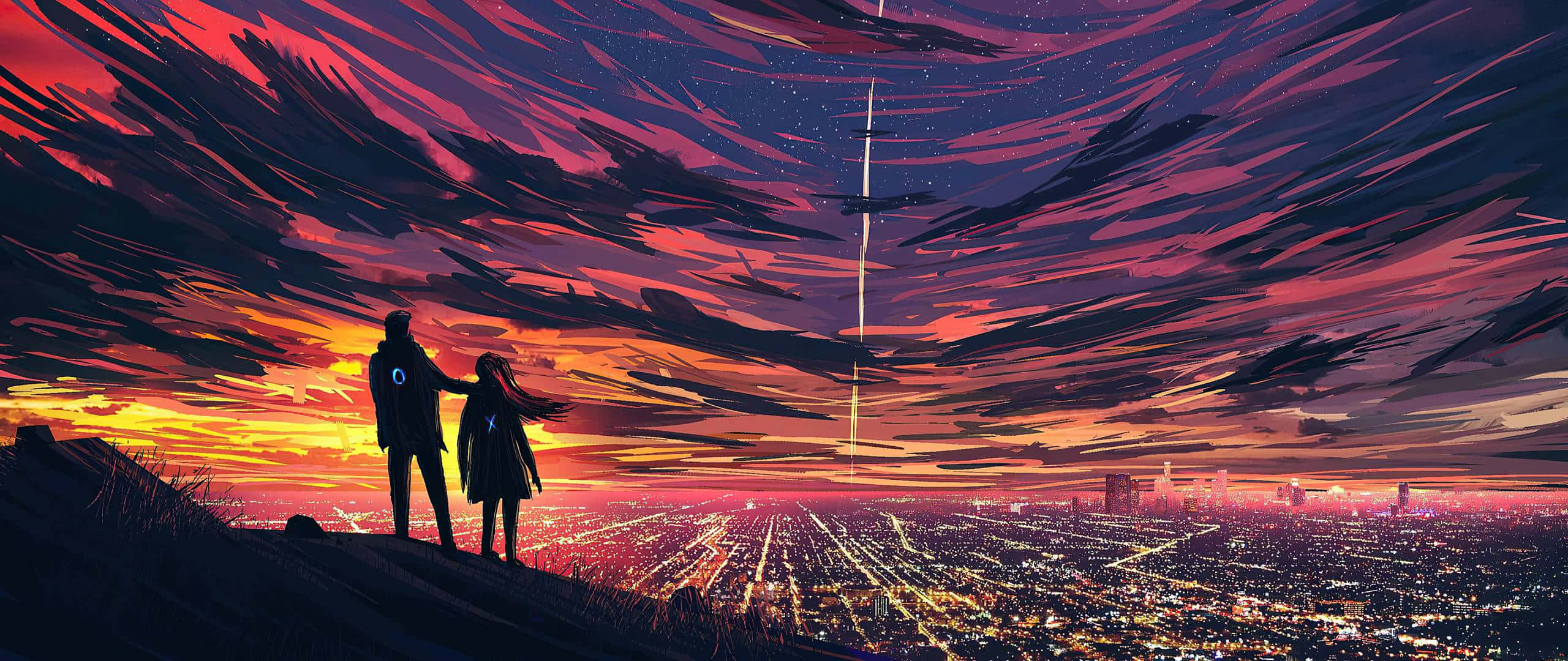 Art 2560x1080 桌布 壁紙 — 兩個剪影人物站在山頂上，俯瞰著暮色中蔓延的城市，一道發光的條紋劃過火紅的天空。