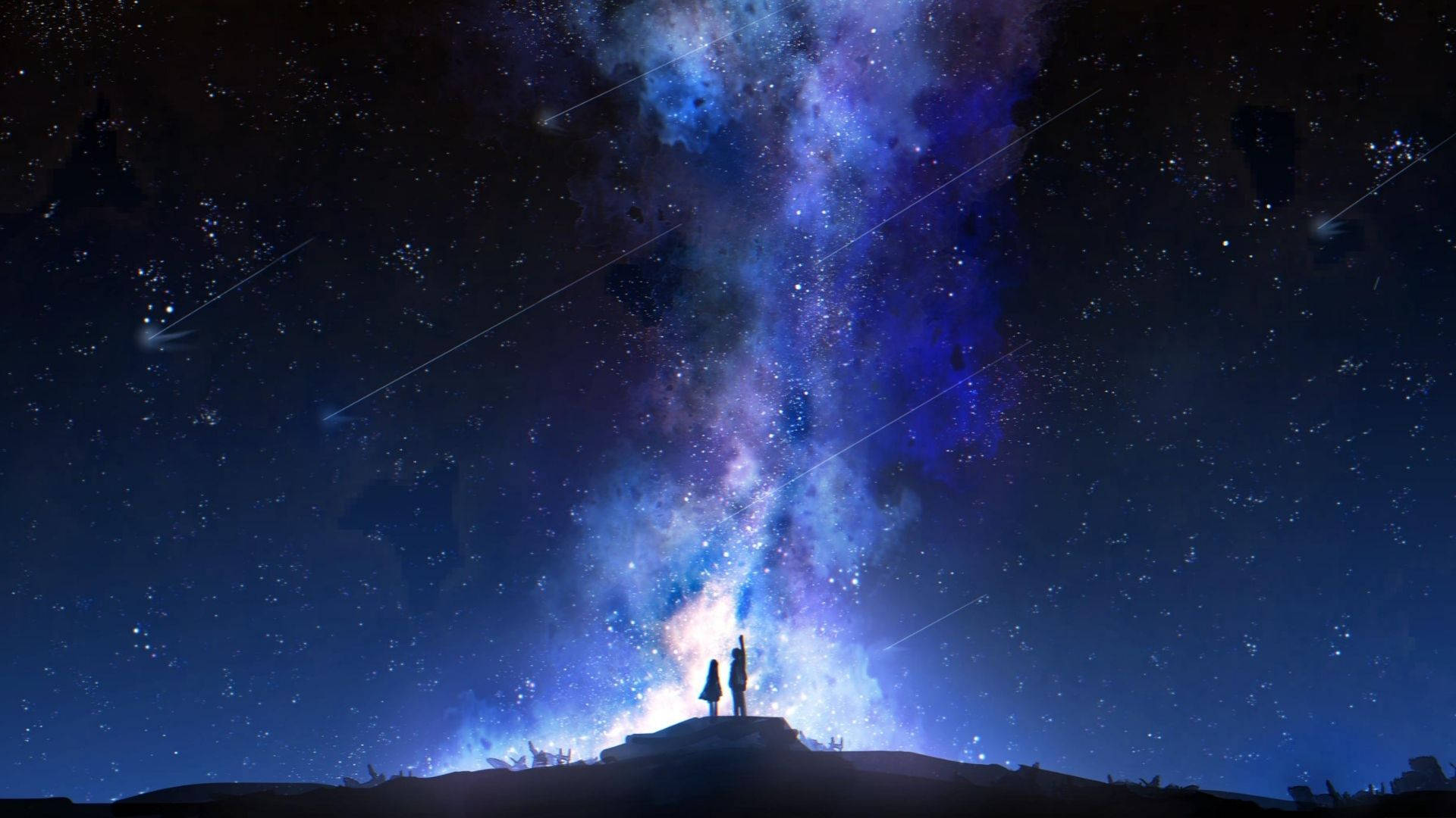View 桌布 壁紙 — 兩個剪影人物站在山頂上，凝視著一條充滿流星、鮮豔的藍色和紫色銀河。