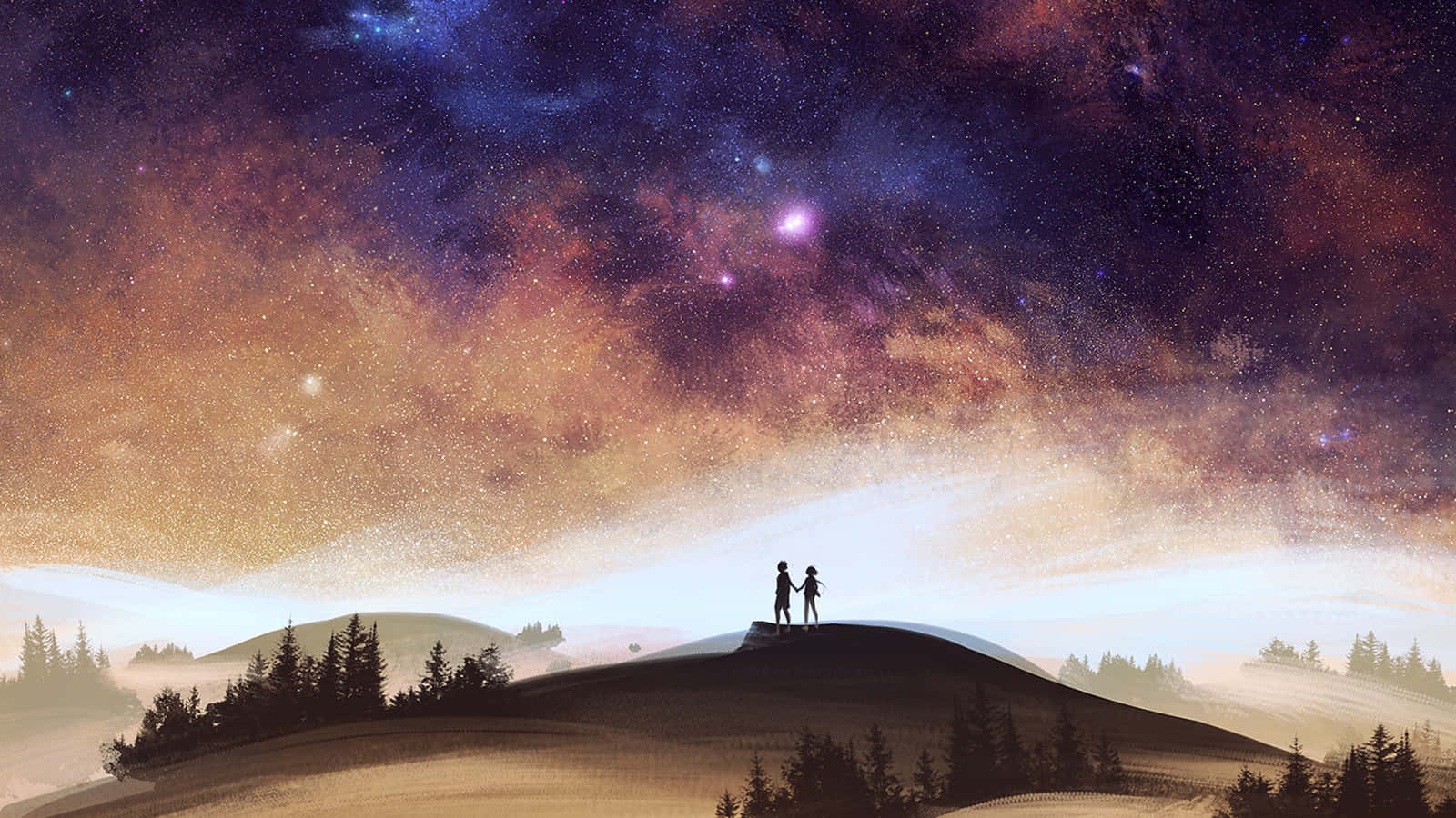 Couple Holding Hand 桌布 壁紙 — 兩個剪影人物站在山頂上，頭頂是佈滿星星和星雲的壯麗宇宙天空。