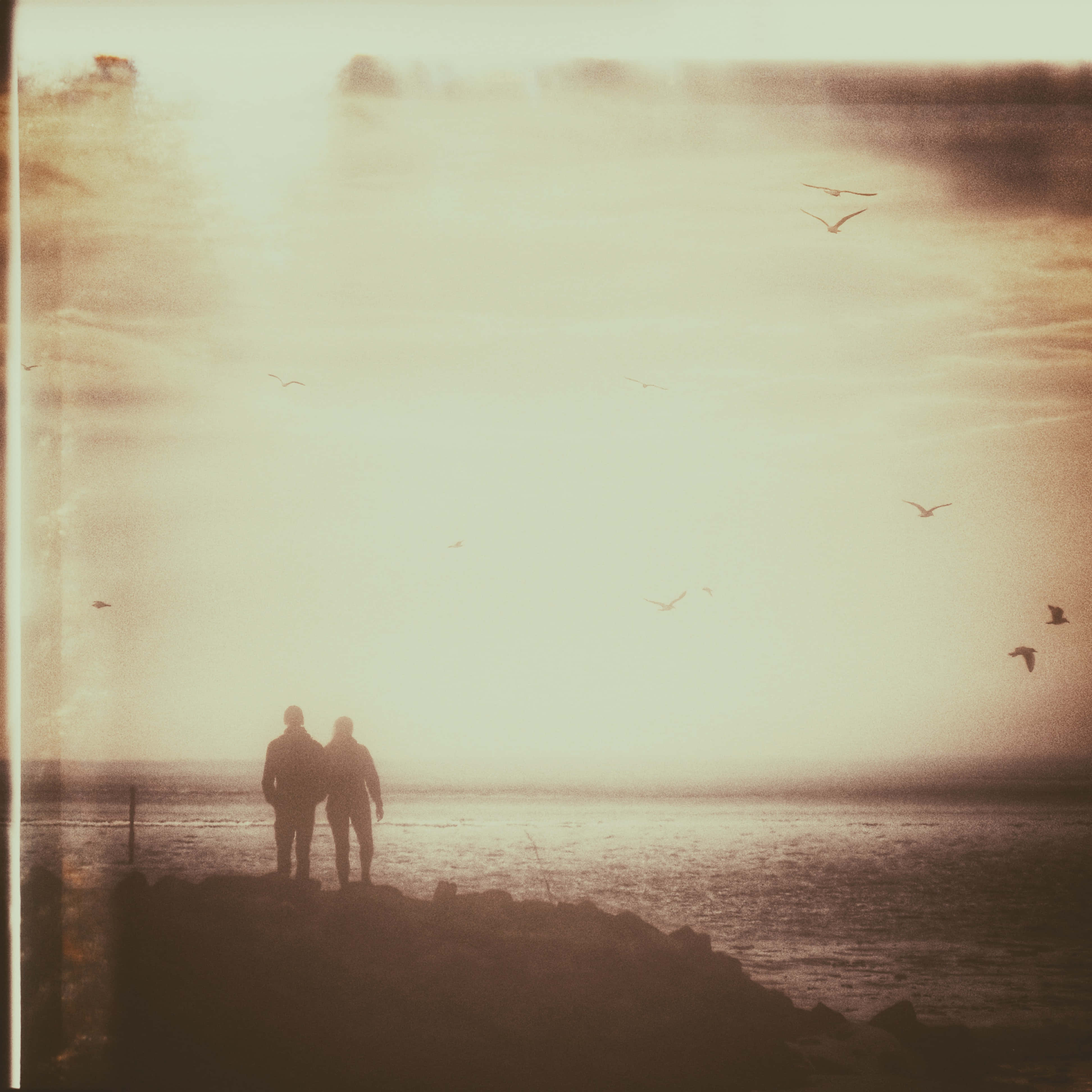Aesthetic Beachy 桌布 壁紙 — 兩個剪影人物站在岩石懸崖上，俯瞰霧氣瀰漫的海洋，鳥兒在金色的暮色天空中翱翔。