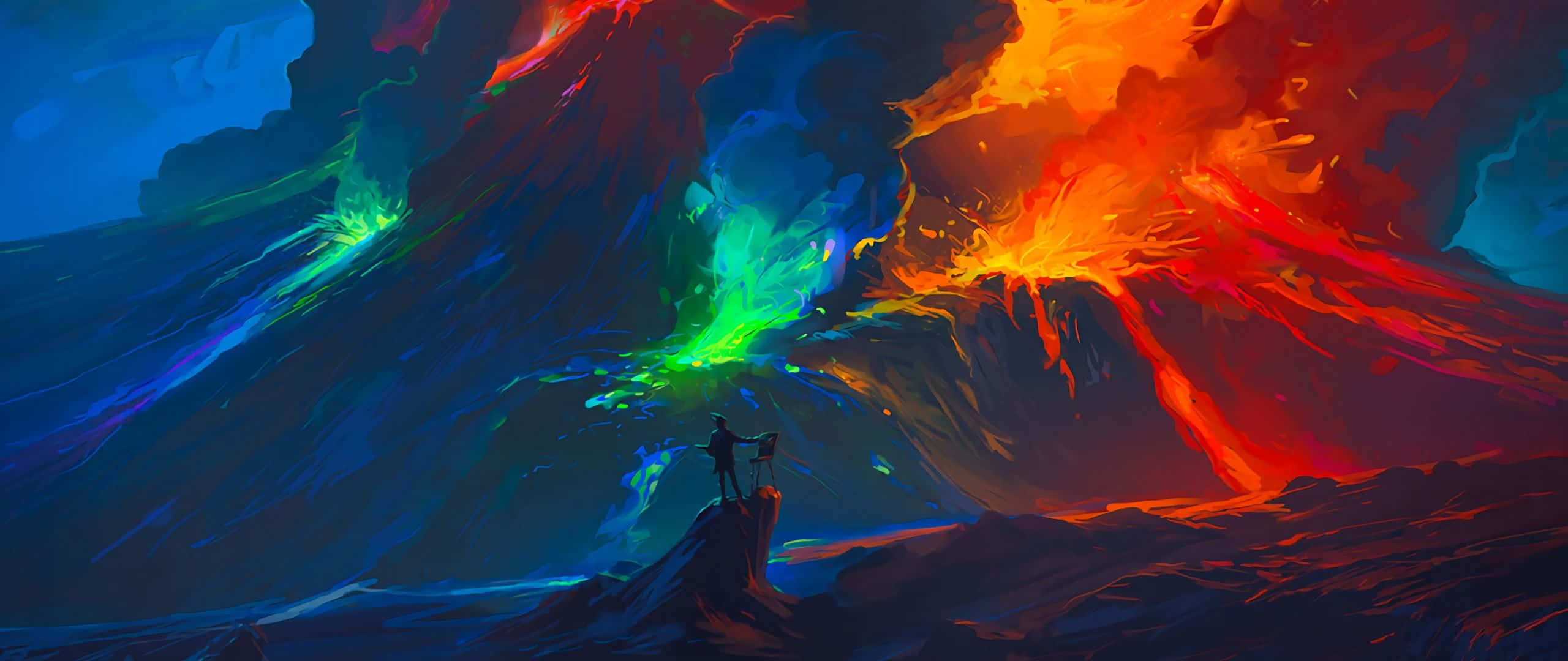 Volcano 桌布 壁紙 — 兩個剪影人物站在岩石露頭上，凝視著一座巨大的火山，在深藍色天空的映襯下噴發出火熱的橙色熔岩和發光的綠色裂縫。