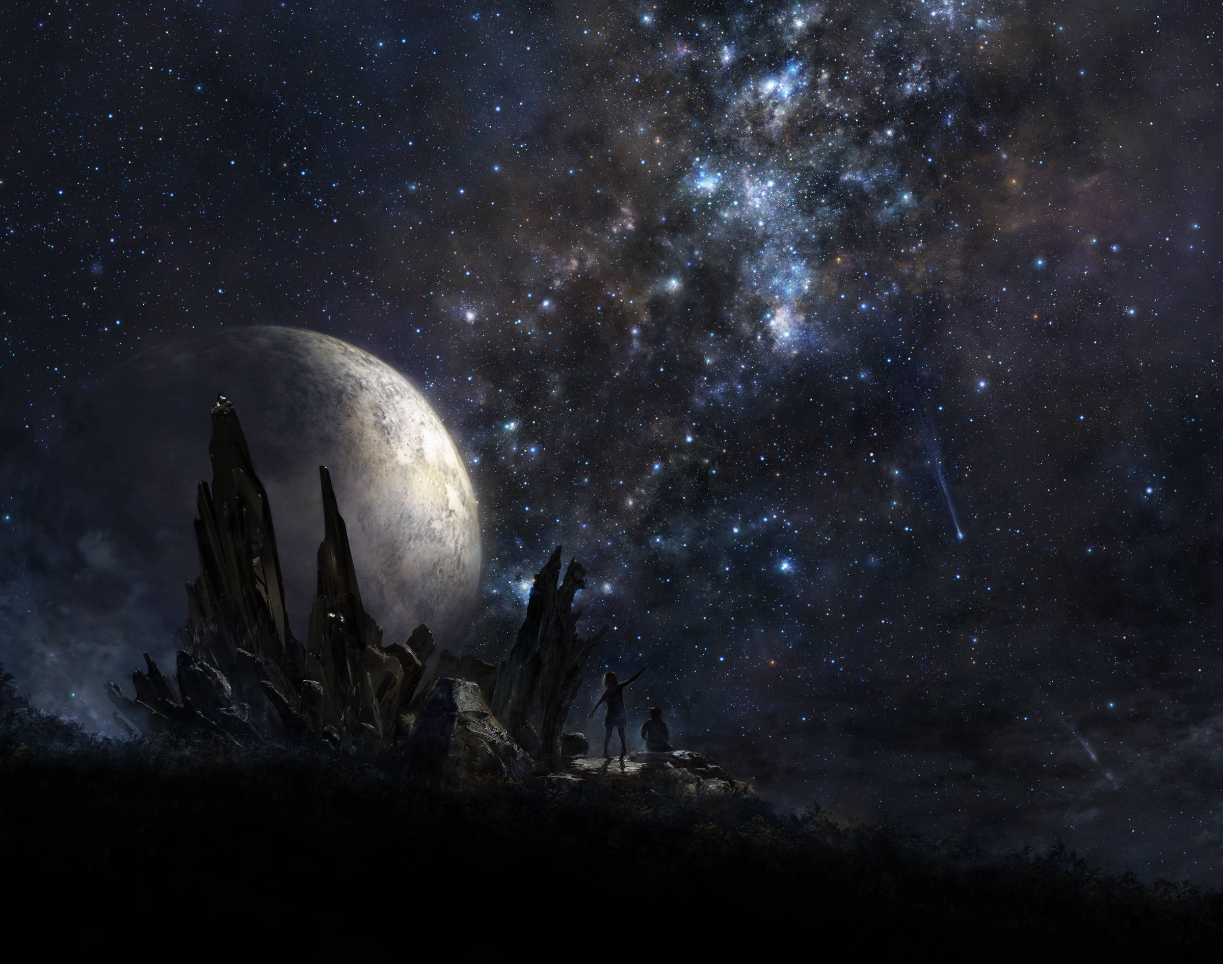 Stars 桌布 壁紙 — 兩個剪影人物站在崎嶇的岩石上，凝視著廣闊的星空，有發光的月亮和流星。