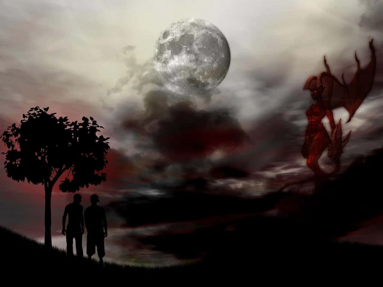 惡魔 桌布 壁紙 — 兩個剪影人物站在巨大的月亮下，一隻紅翼惡魔籠罩在暴風雨的暮色景觀上。