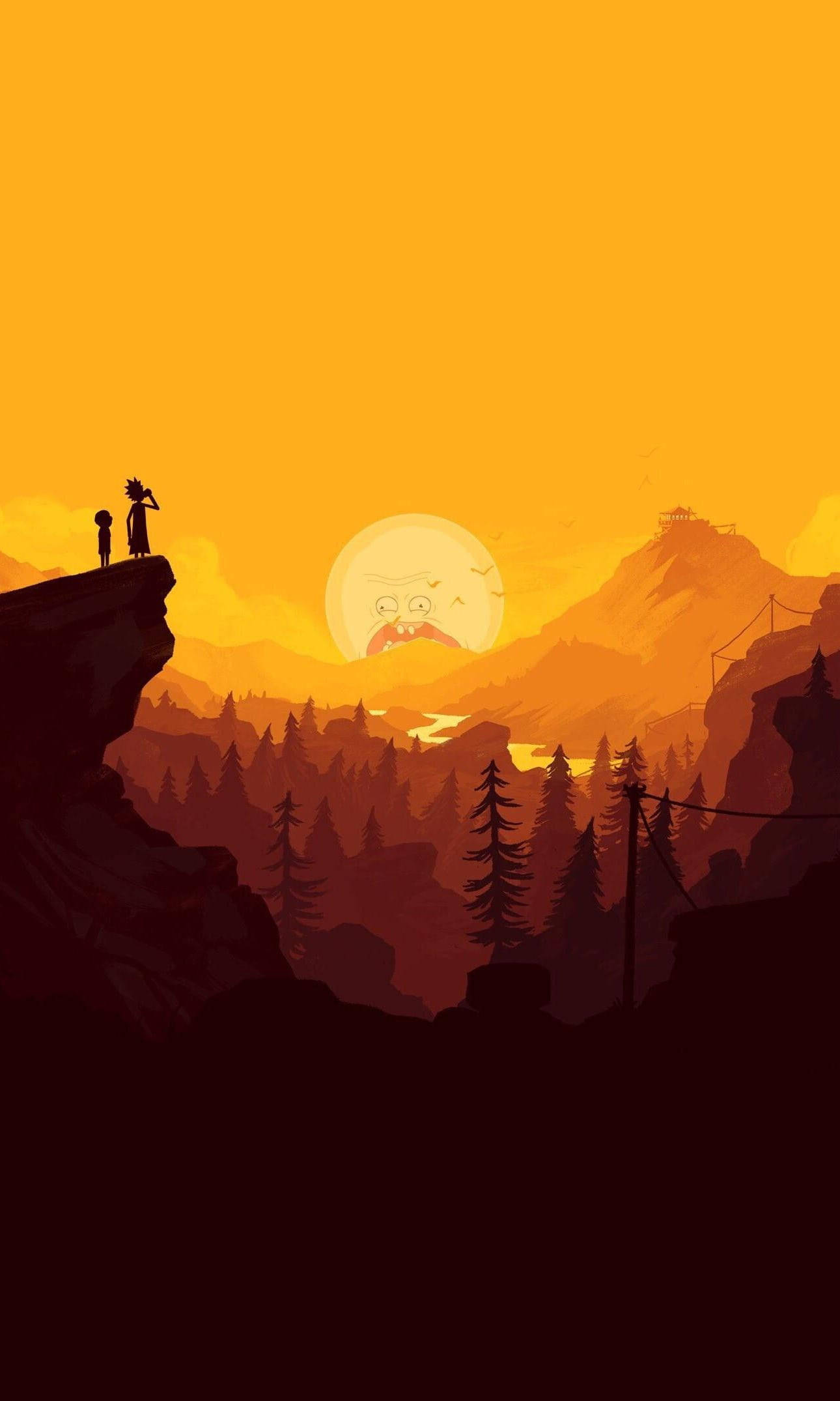 Sunset iPhone 桌布 壁紙 — 兩個剪影人物站在懸崖上，俯瞰著森林覆蓋的山谷，而一個巨大的憤怒太陽在遠處山脈後升起。