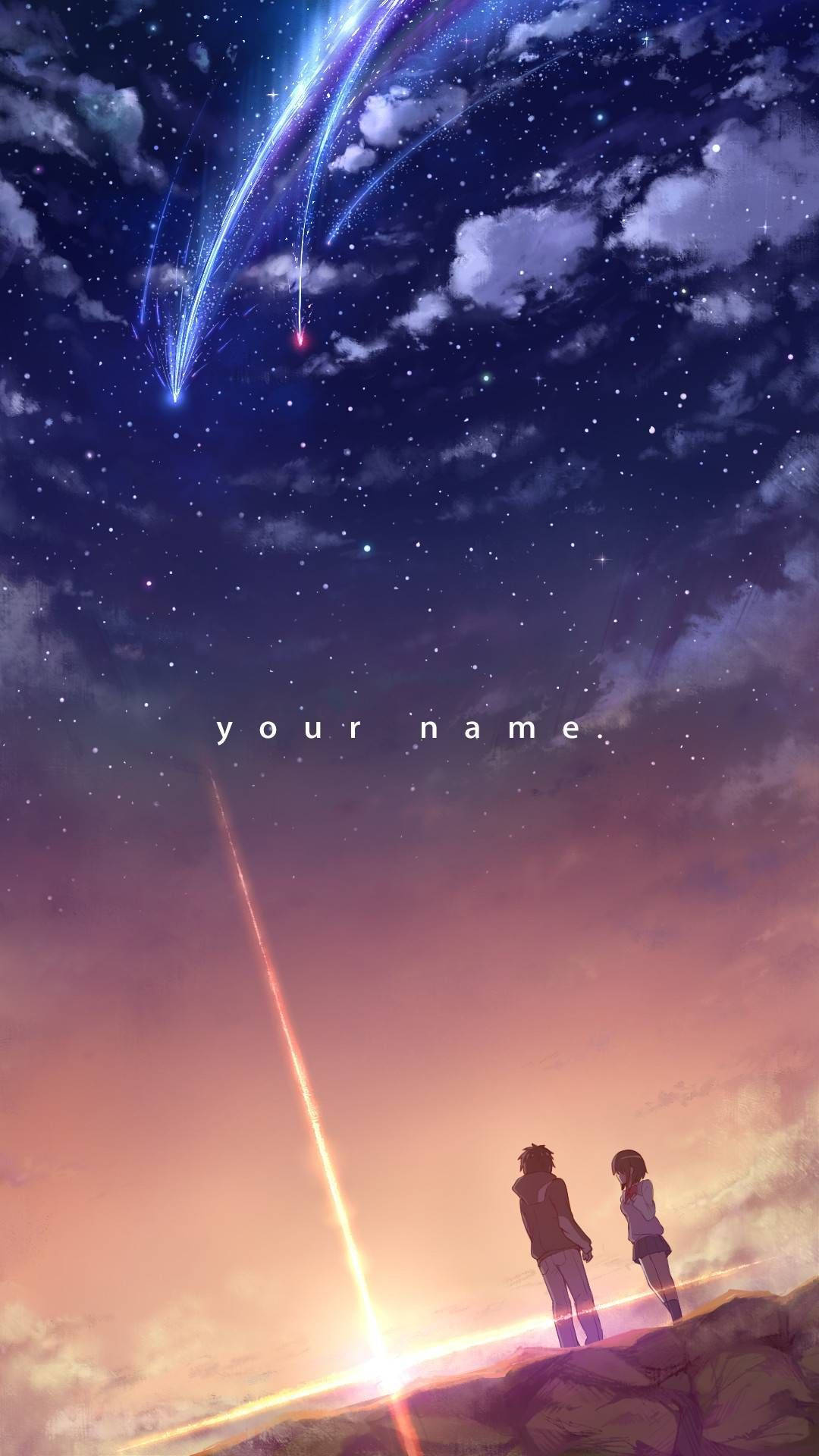 你的名字 桌布 壁紙 — 兩個剪影人物站在懸崖上，觀看充滿活力的流星劃過佈滿星星的暮色天空。