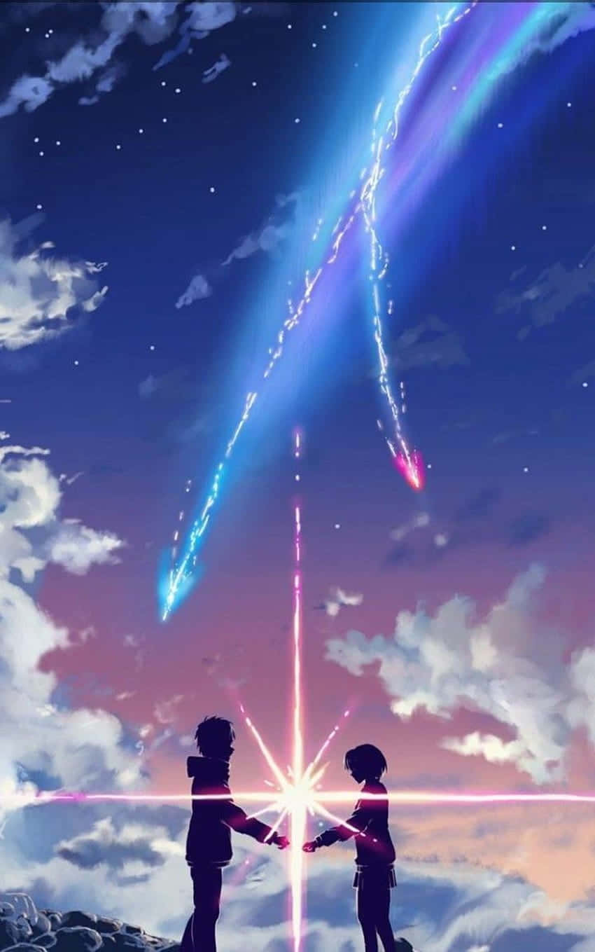 Boy 桌布 壁紙 — 兩個剪影人物站在懸崖上牽手，而光芒四射的宇宙光束穿透充滿星星和雲朵的暮色天空。