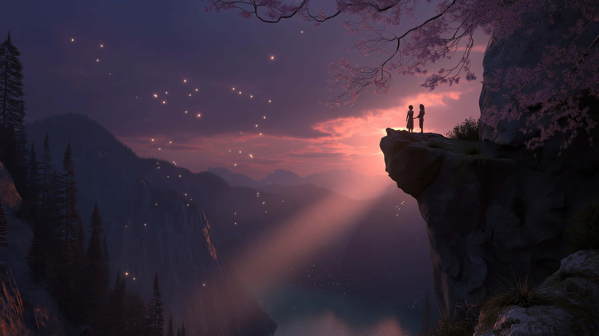 Couple on Cliff Edge with Magical Sunset and Floating Lights 壁紙 — 兩個剪影人物站在懸崖邊，盛開的櫻花下，燦爛的夕陽將山谷染成粉紅色和紫色的光芒。