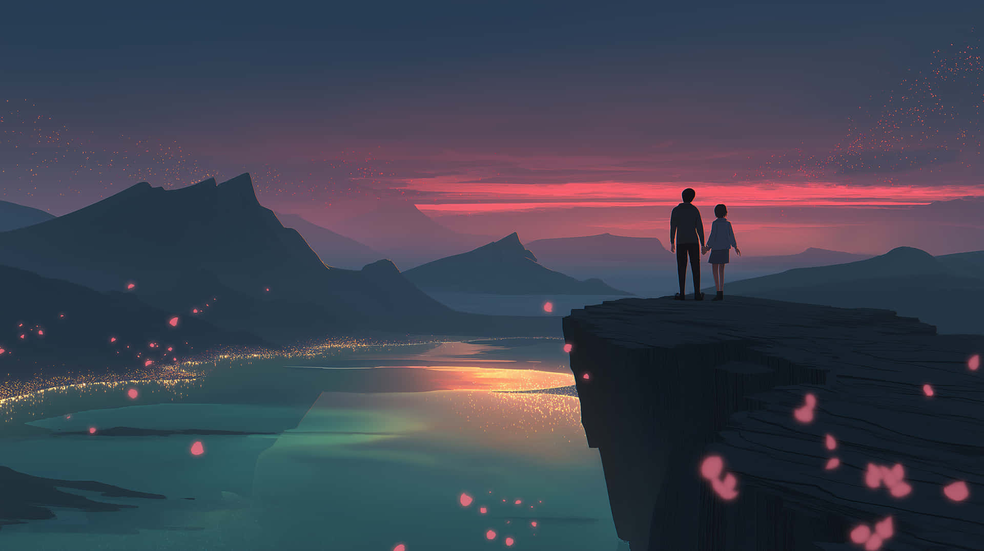 Couple on Cliff Edge Overlooking Luminous Night Landscape 壁紙 — 兩個剪影人物站在懸崖邊緣，俯瞰著暮色中發光的山谷，粉紅色的花瓣在空中飄蕩。