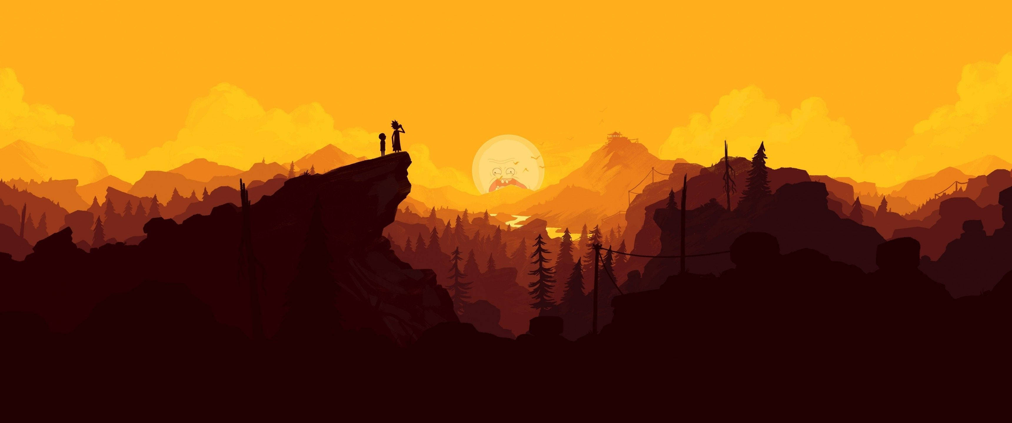 風景 桌布 壁紙 — 兩個剪影人物站在懸崖頂上，俯瞰著廣闊的山脈，夕陽西下，天空泛著橙色的光芒。