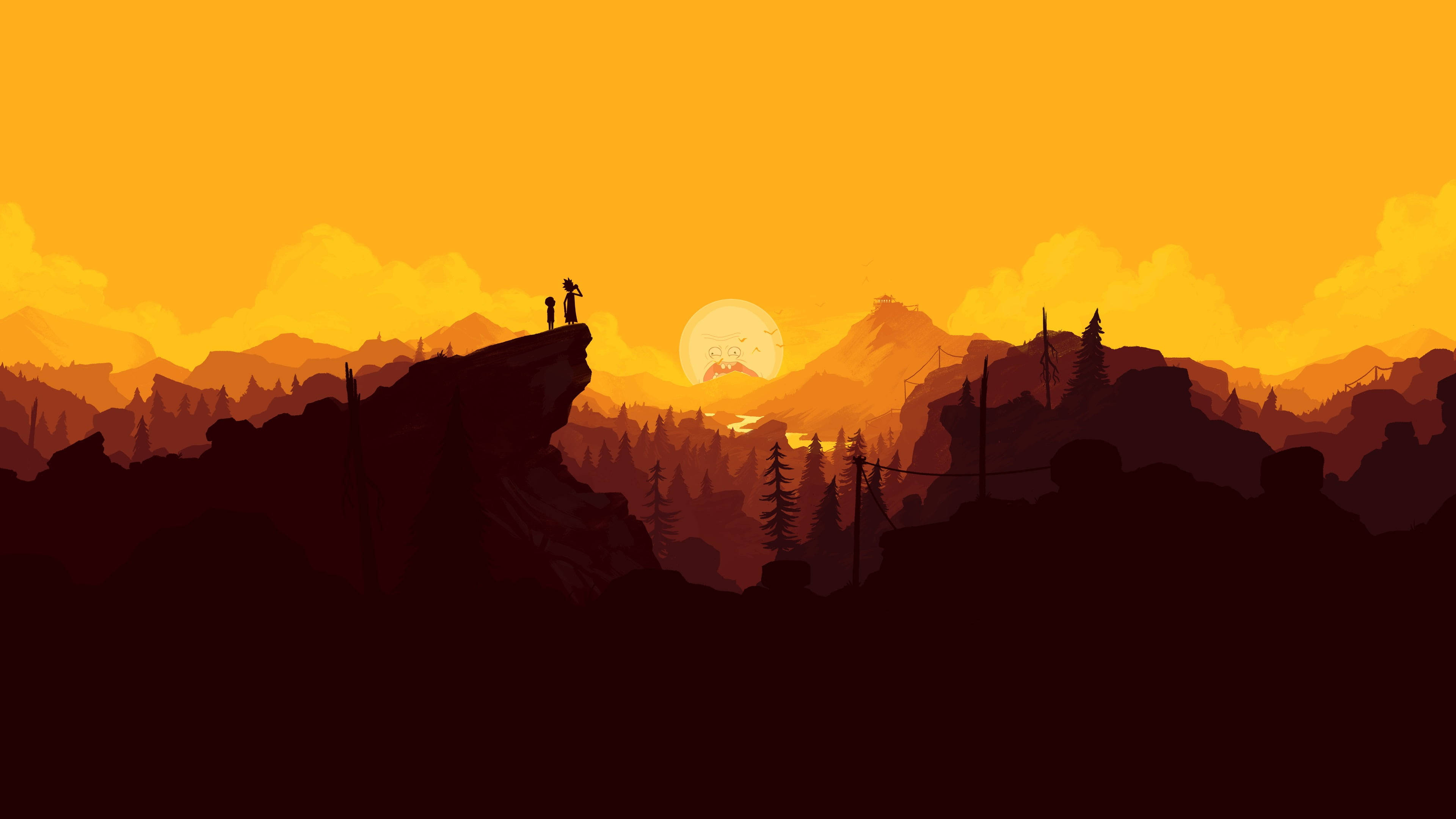 Silhouette 桌布 壁紙 — 兩個剪影人物站在懸崖頂上，看著發光的太陽落在層層山脈和松樹林之上。