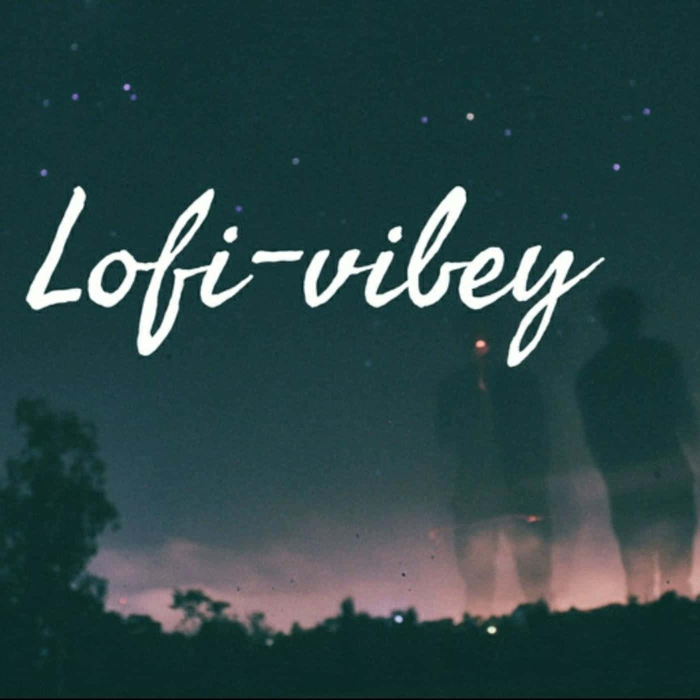 Vibey 桌布 壁紙 — 兩個剪影人物站在星空暮色天空下，帶有柔和粉紅和青綠色調。