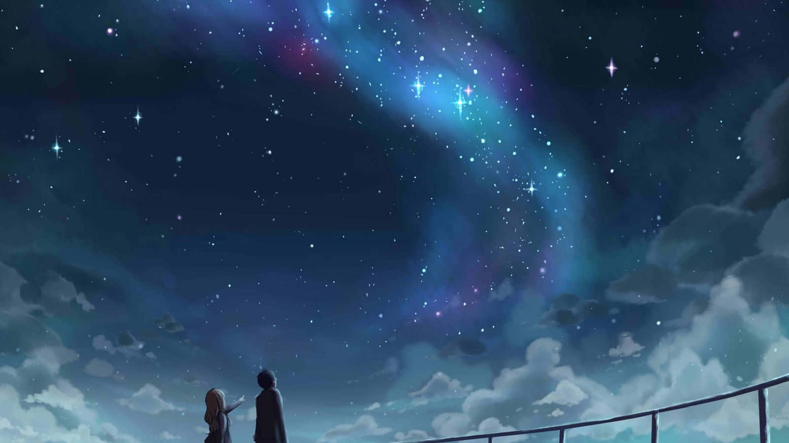 Starry Sky 桌布 壁紙 — 兩個剪影人物站在欄杆上，仰望充滿活力的星空，有發光的星雲和散落的雲彩。