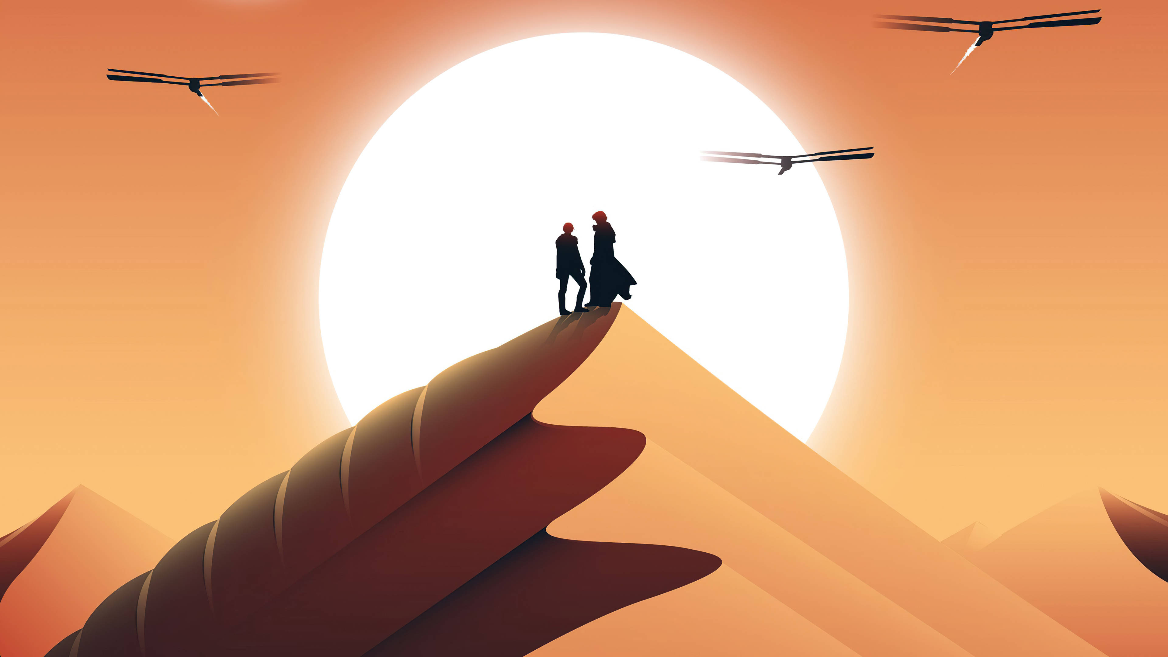 Dune 2021 桌布 壁紙 — 兩個剪影人物站在沙漠沙丘頂端，頭頂是巨大的太陽，無人機在上空飛翔。