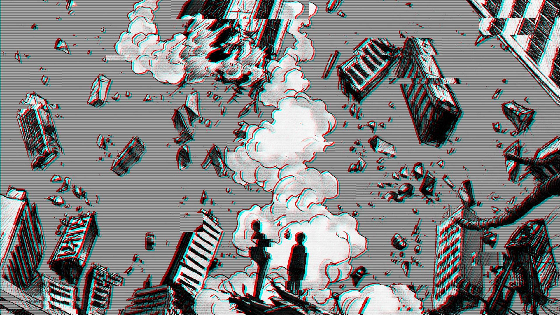 黑白 桌布 壁紙 — 兩個剪影人物站在浮動摩天大樓和煙霧之中，處於一個帶有故障效果的3D渲染末日城市景觀。