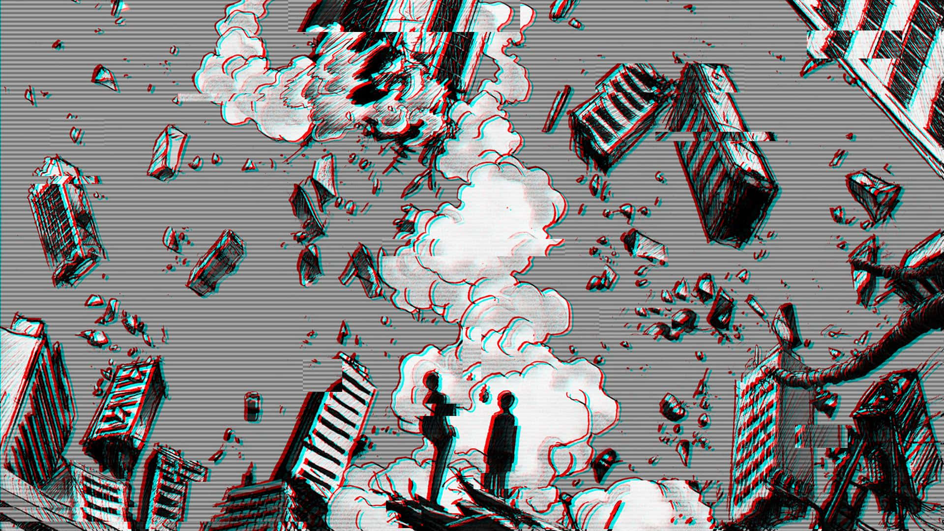Alternative Art 桌布 壁紙 — 兩個剪影人物站在漂浮的破碎摩天大樓和煙霧中，天空扭曲帶有故障效果。