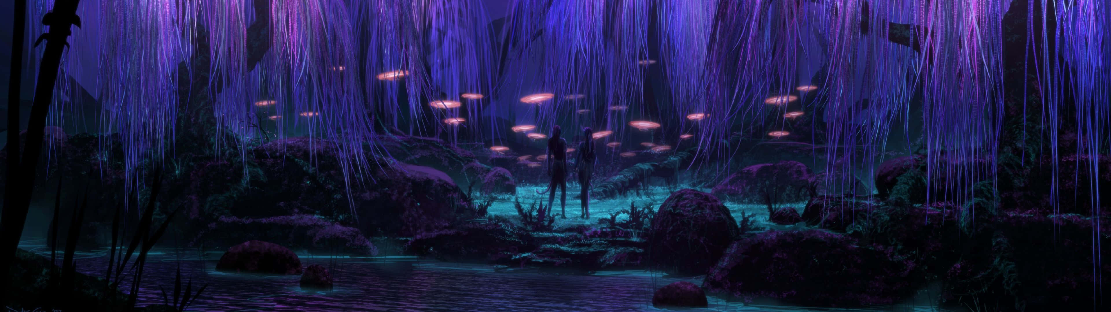 Avatar Pandora 桌布 壁紙 — 兩個剪影人物站在發光的外星森林中，有紫色懸掛藤蔓和漂浮的燈籠。