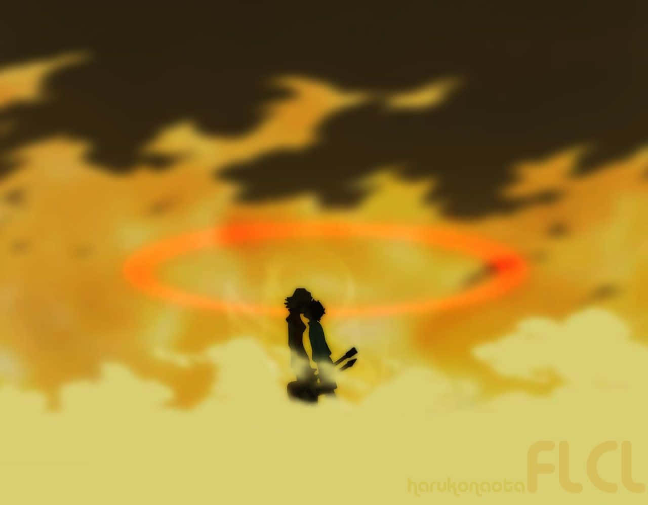 Flcl 桌布 壁紙 — 兩個剪影人物站在發光的橙色環下，背景是火紅的日落天空。