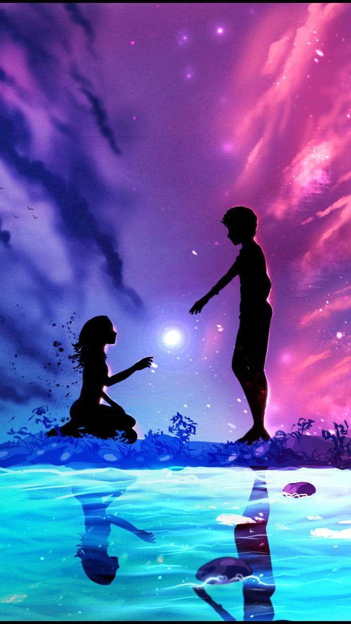 兩個人在水邊形成剪影，在紫色星空下，有倒影。 — 紫色美學 壁紙