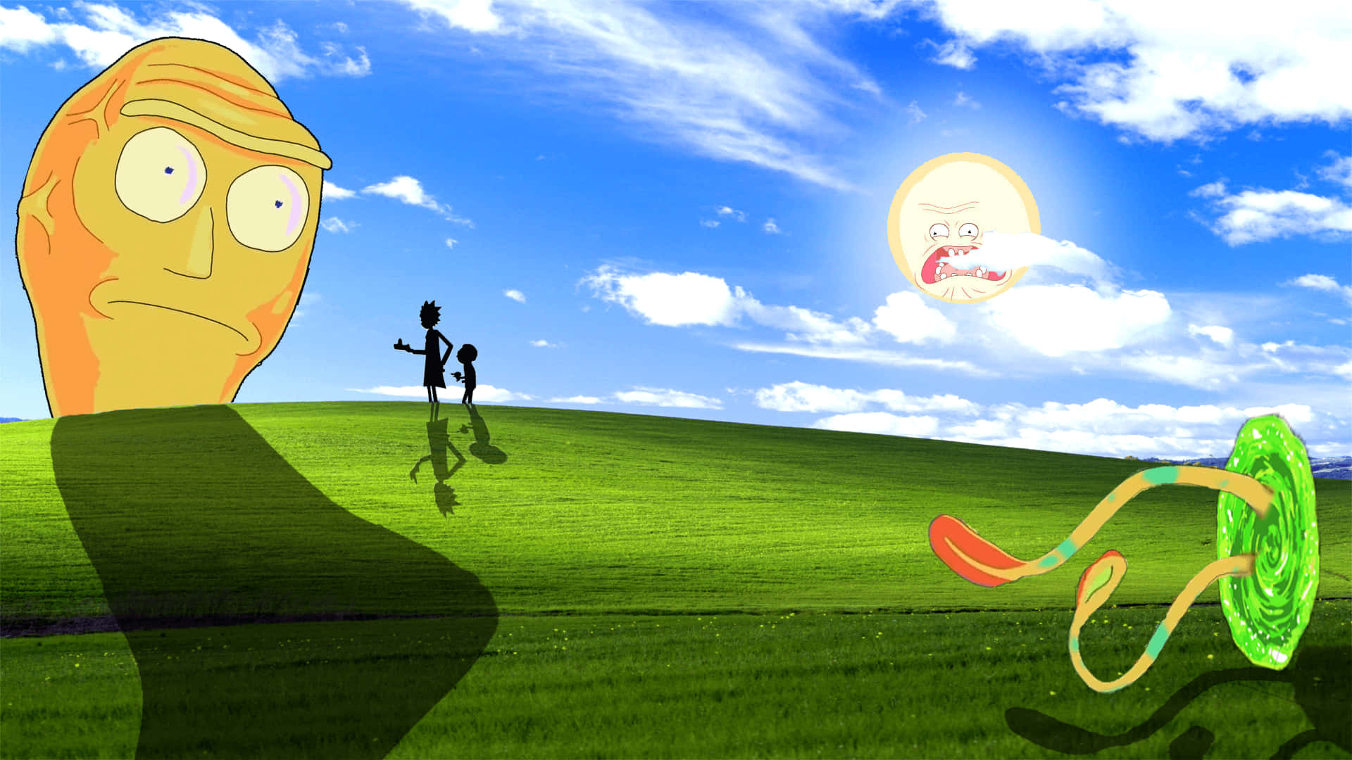 Windows XP 桌布 壁紙 — 兩個剪影人物站在綠色山丘上，藍天下有卡通風格的巨大頭顱和一個螺旋傳送門。