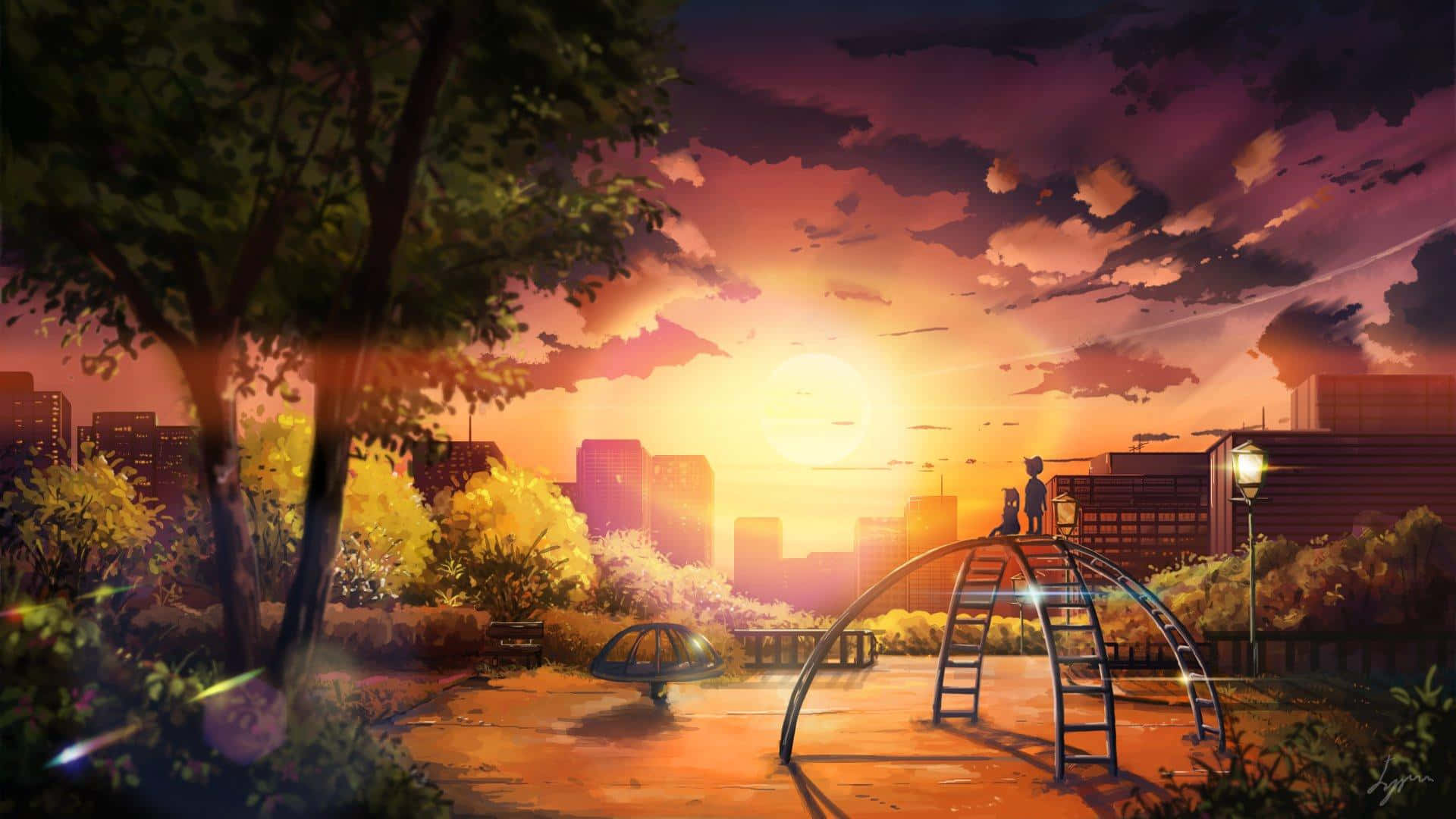 Anime Sunset 桌布 壁紙 — 兩個剪影人物站在遊樂場溜滑梯頂端，夕陽燦爛，將城市天際線染上溫暖的橙色和紫色調。