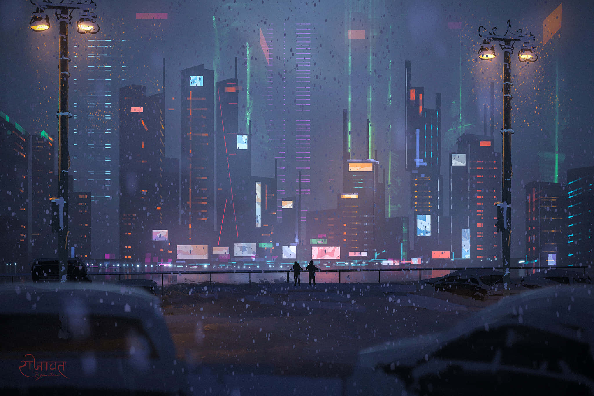 Cyberpunk Aesthetic 桌布 壁紙 — 兩個剪影人物站在雨中的橋上，俯瞰夜晚霓虹燈閃爍的賽博龐克城市景觀。
