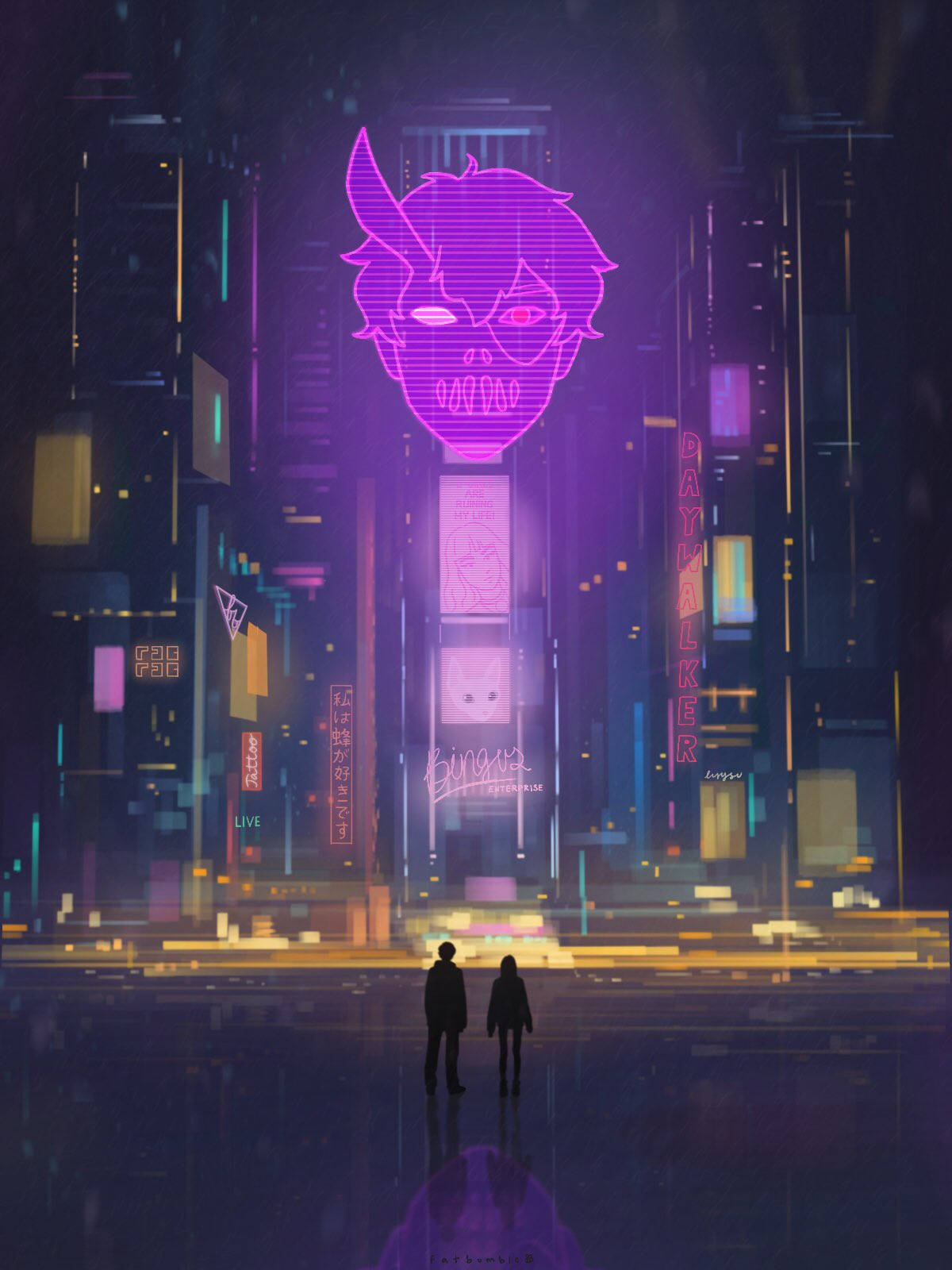 Corpse 桌布 壁紙 — 兩個剪影人物站在雨濕的霓虹 cyberpunk 城市景觀中，下方是一個巨大的發光紫色動漫風格面孔廣告牌。