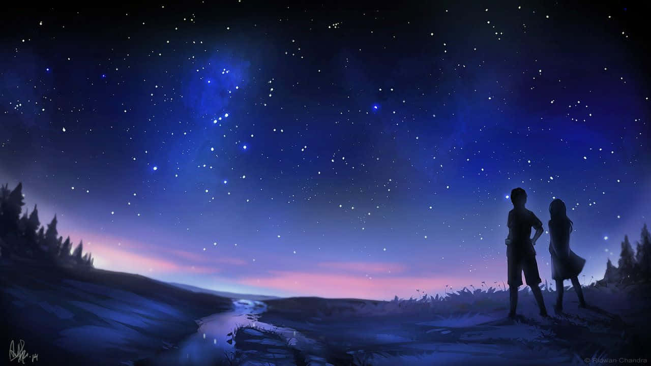 Stars 桌布 壁紙 — 兩個剪影人物站在雪山上，背景是廣闊的星空夜空，有發光的星雲和紫色地平線。
