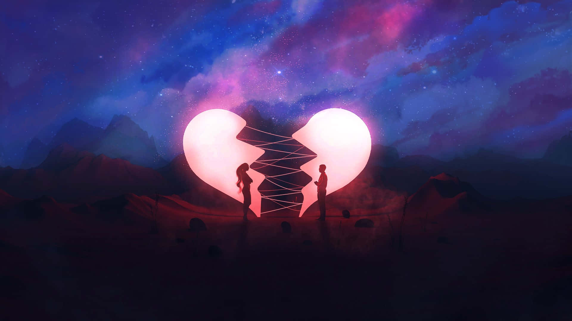 Broken Heart Anime 桌布 壁紙 — 兩個剪影人物站在黑暗山脈上空星光照耀的紫色和藍色夜空中的一個發光破碎心臟前。