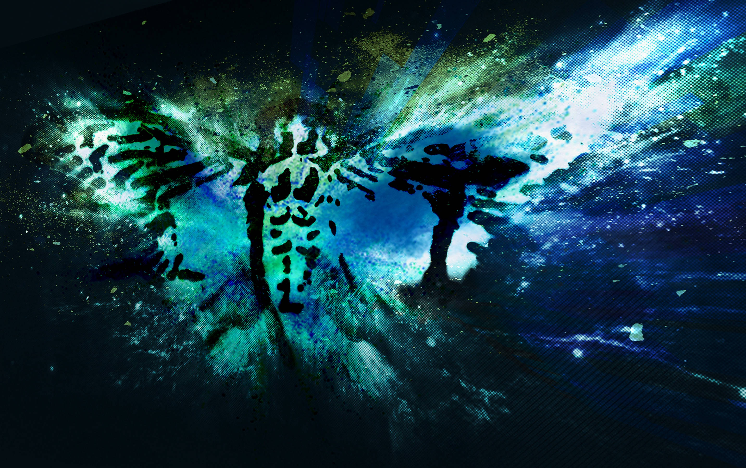 Cicada 桌布 壁紙 — 兩個剪影人物站在黑暗星空虛空中的電藍色和藍綠色能量的宇宙爆炸中。