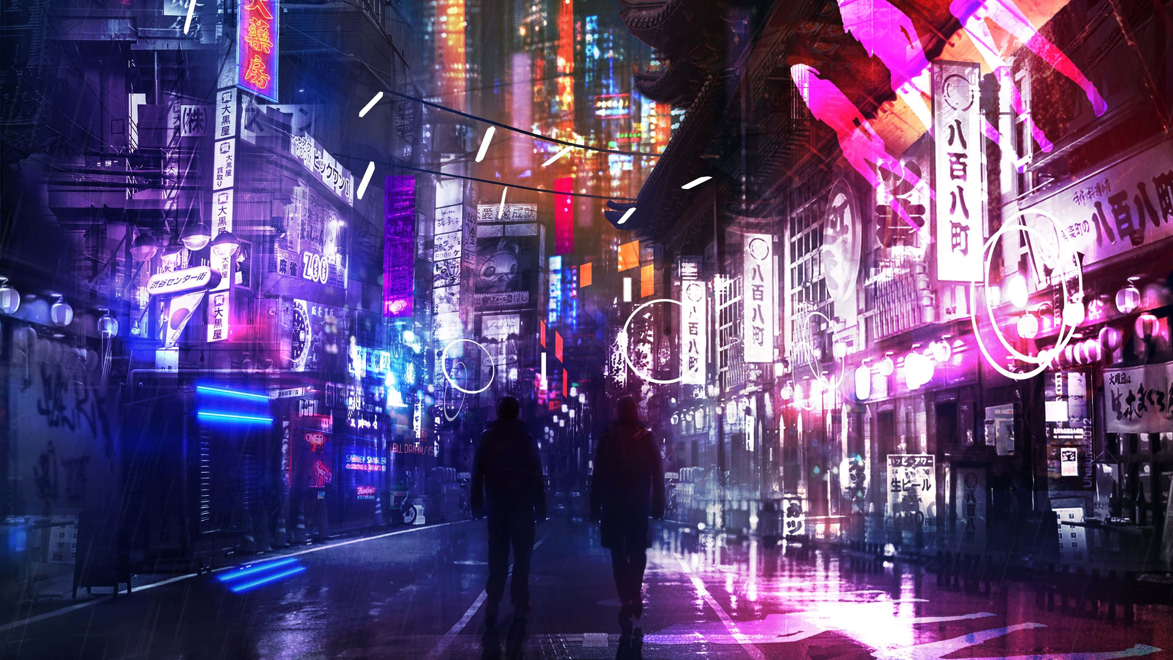 Neon City Aesthetic 桌布 壁紙 — 兩個剪影人物走在一條被雨水浸濕、霓虹燈閃爍的 cyberpunk 小巷中，小巷裡充滿了電光紫色和藍色的招牌。