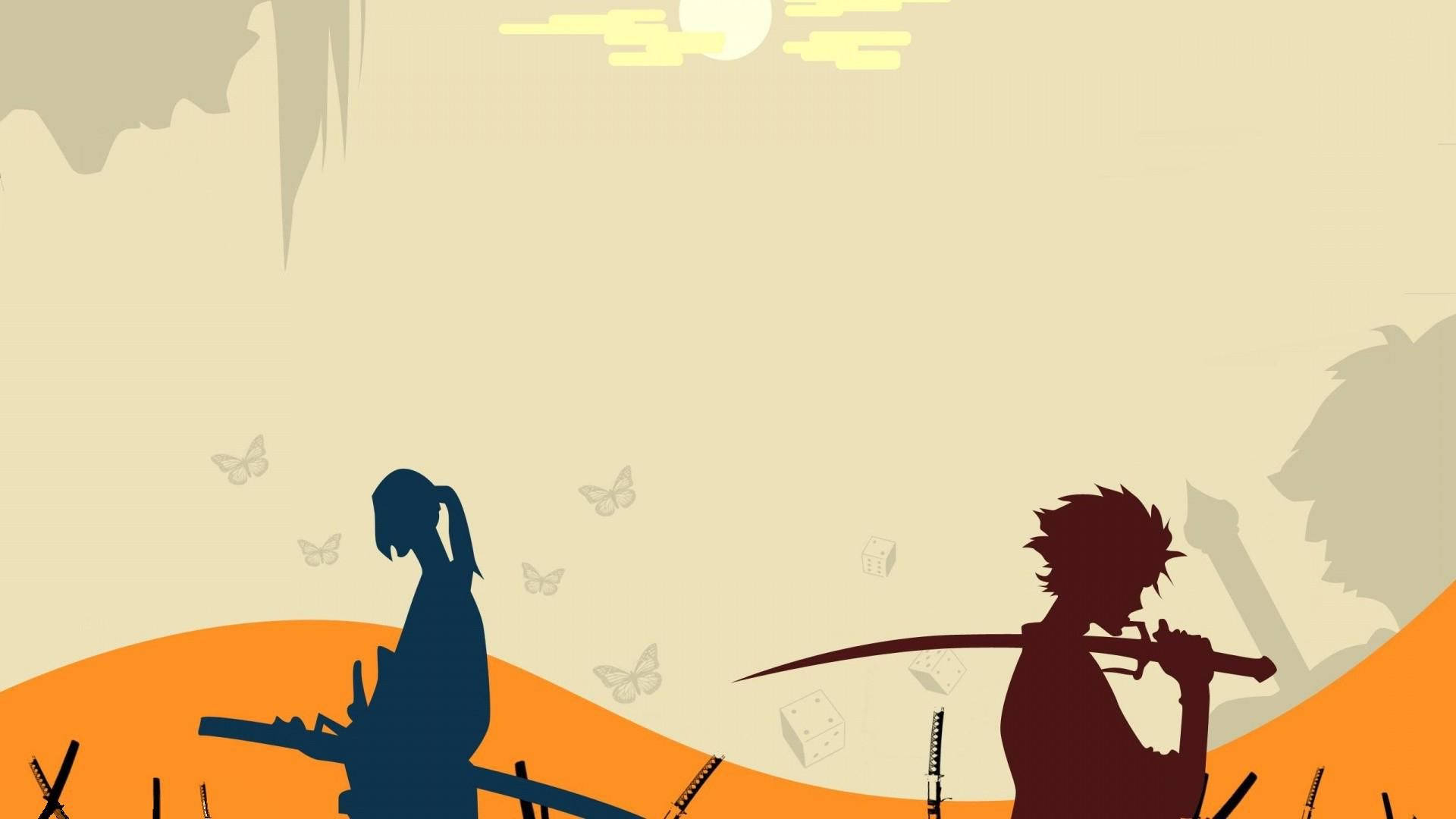 Samurai Champloo 桌布 壁紙 — 兩個剪影劍士在沙漠景觀中面對面，蒼白的太陽下蝴蝶飄浮。