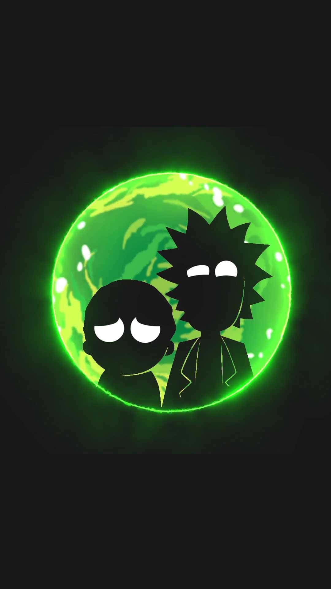 瑞克和莫蒂 桌布 壁紙 — 兩個剪影卡通人物站在一個發光的綠色星球前，背景是黑色虛空。