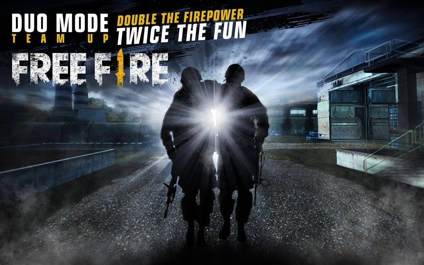 free fire 3d 桌布 壁紙 — 兩個剪影士兵在黑暗的工業遊戲場景中，在明亮的光束下向前走。
