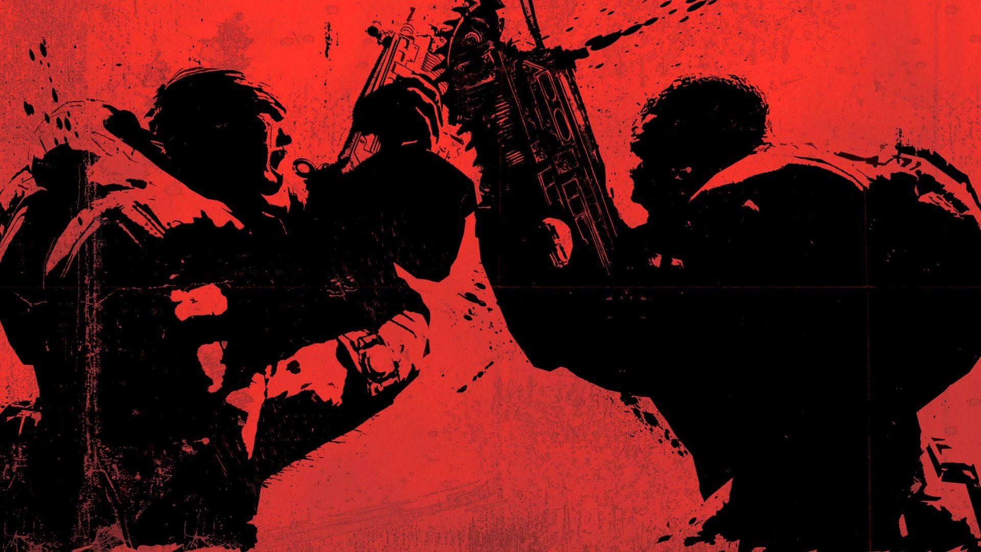 Gears Of War 桌布 壁紙 — 兩個剪影士兵身穿戰鬥裝備，在粗糙的紅色背景上以步槍交鋒。