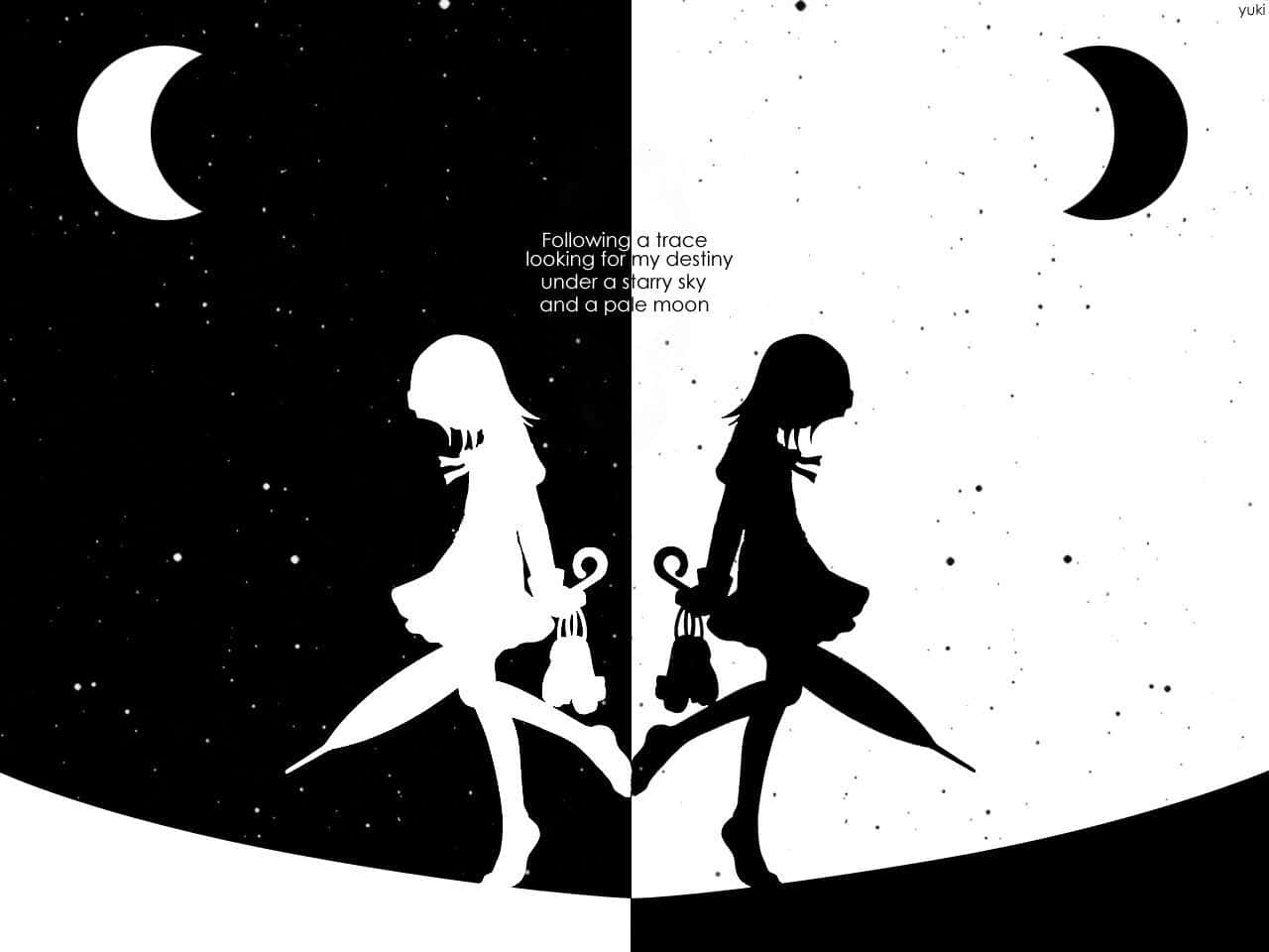 動漫女孩 桌布 壁紙 — 兩個剪影女孩在對比星空下向相反方向行走，帶有新月。