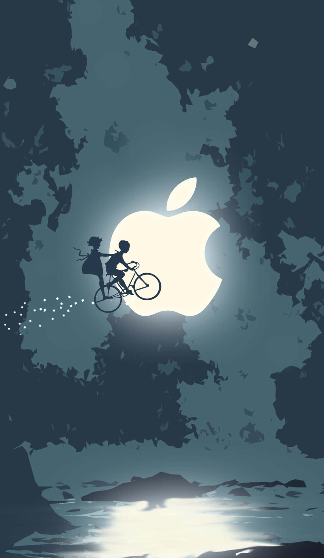 Pixel 3 Apple 桌布 壁紙 — 兩個剪影小孩在黑暗的森林中騎腳踏車，發光的蘋果標誌作為月亮。