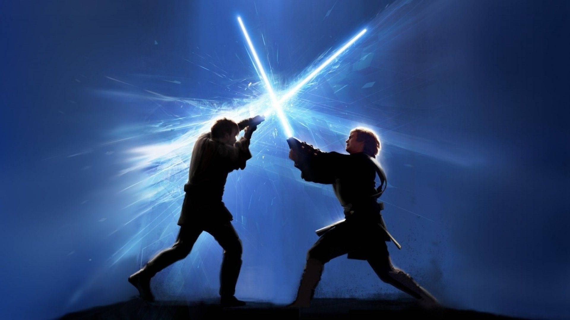 Jedi 桌布 壁紙 — 兩個剪影戰士在深藍色背景下，用發光的藍色光劍激烈碰撞，產生戲劇性的能量爆發。