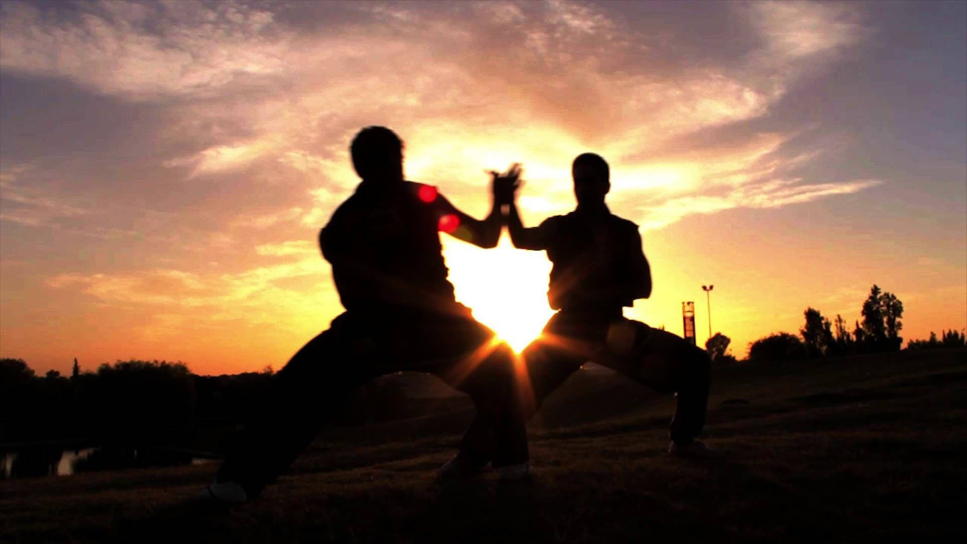 martial arts 桌布 壁紙 — 兩個剪影武術家在熾熱的日落天空背景下以動態姿勢交鋒。
