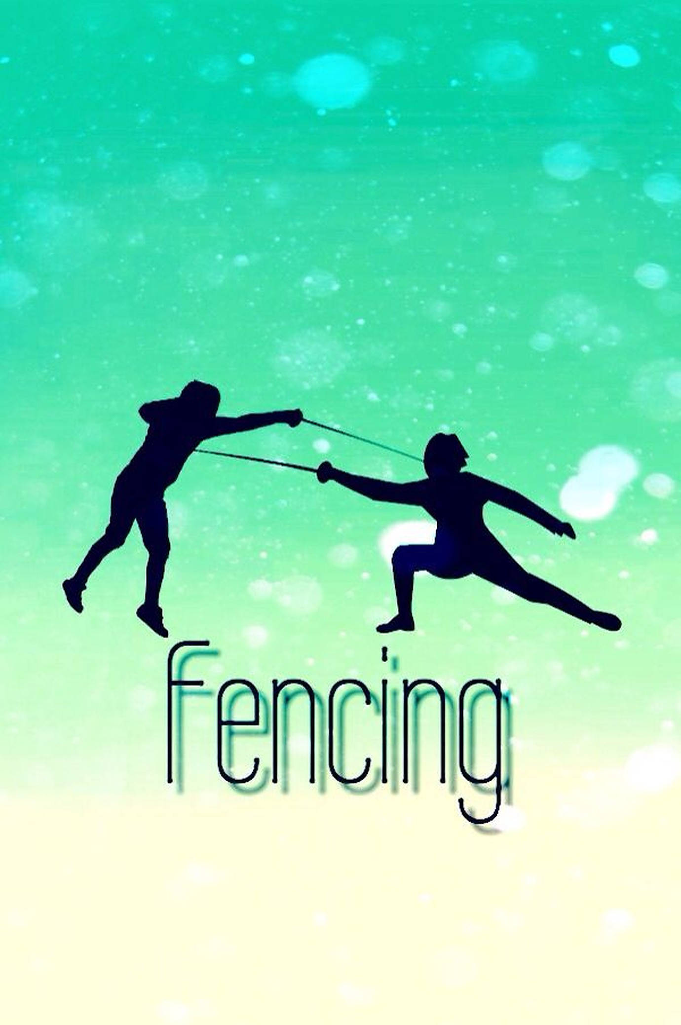 Fencing 桌布 壁紙 — 兩個劍擊手的剪影在發光的青綠色和黃色漸變背景上決鬥，帶有散景燈光。