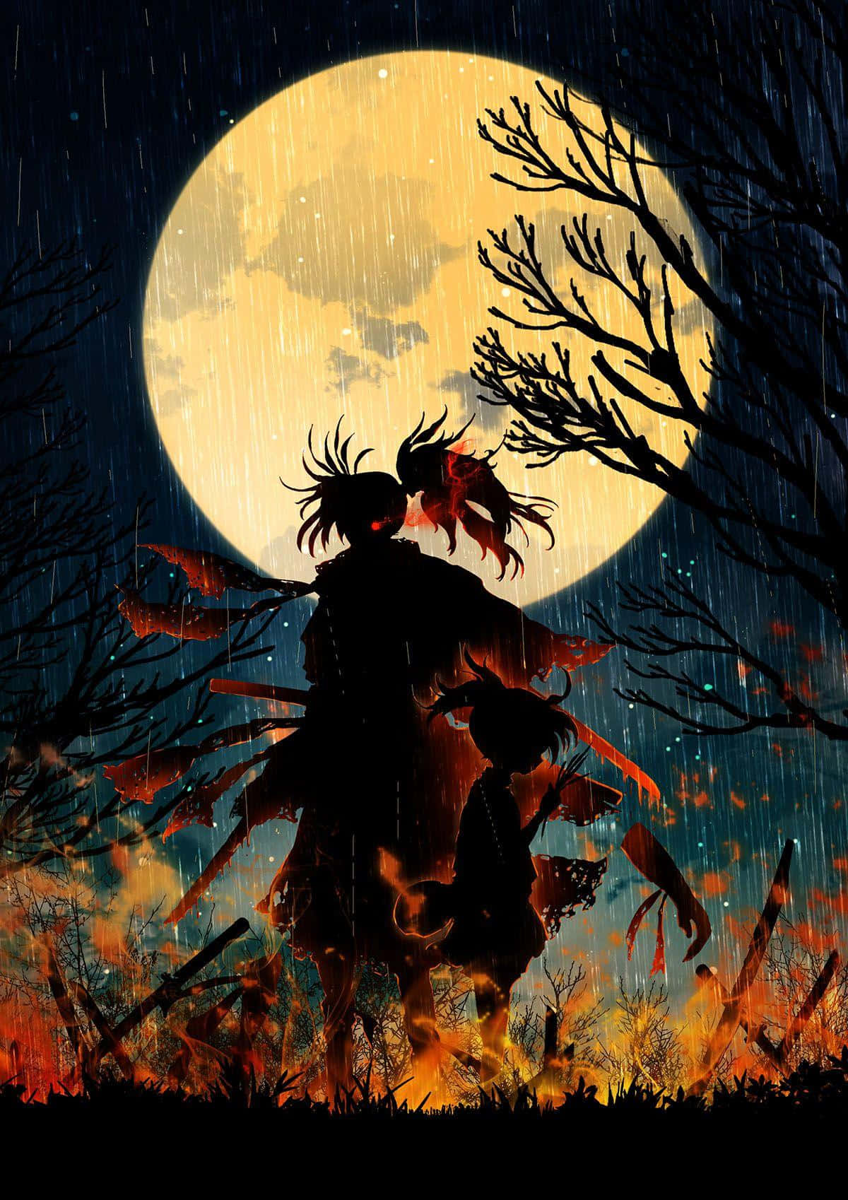 多羅羅 桌布 壁紙 — 兩個動漫人物以剪影形式站在巨大的發光月亮前，雨水穿過光禿的樹枝落下，熾熱的火星從下方升起。