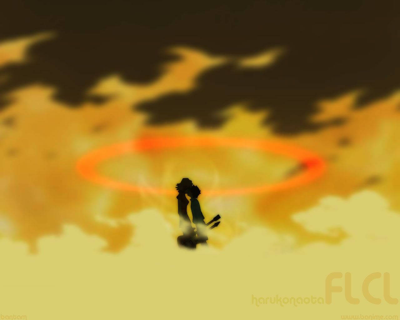 Flcl 桌布 壁紙 — 兩個動漫人物以剪影形式站在火紅的日落天空前，一個發光的橙色環懸浮在他們上方。