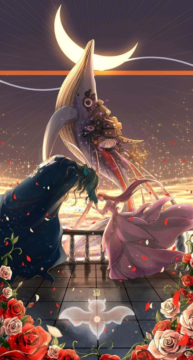 美女與野獸 桌布 壁紙 — 兩個動漫人物在陽臺上擁抱，新月之下，紅色玫瑰花瓣飄浮在一條巨型機械鯨魚周圍。