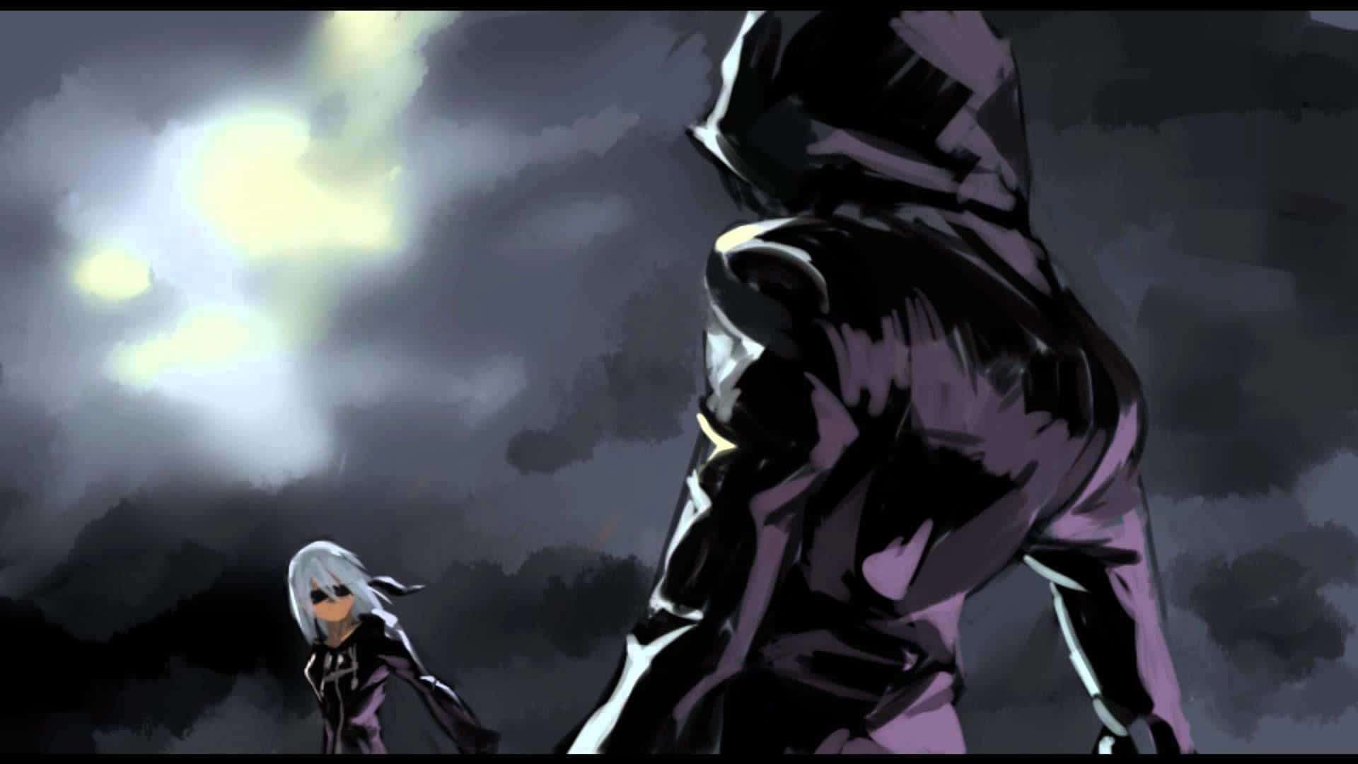 Kingdom Hearts Riku 桌布 壁紙 — 兩個動漫人物站在暴風雨的天空中，一個戴著兜帽、高大，另一個白色頭髮、矮小。