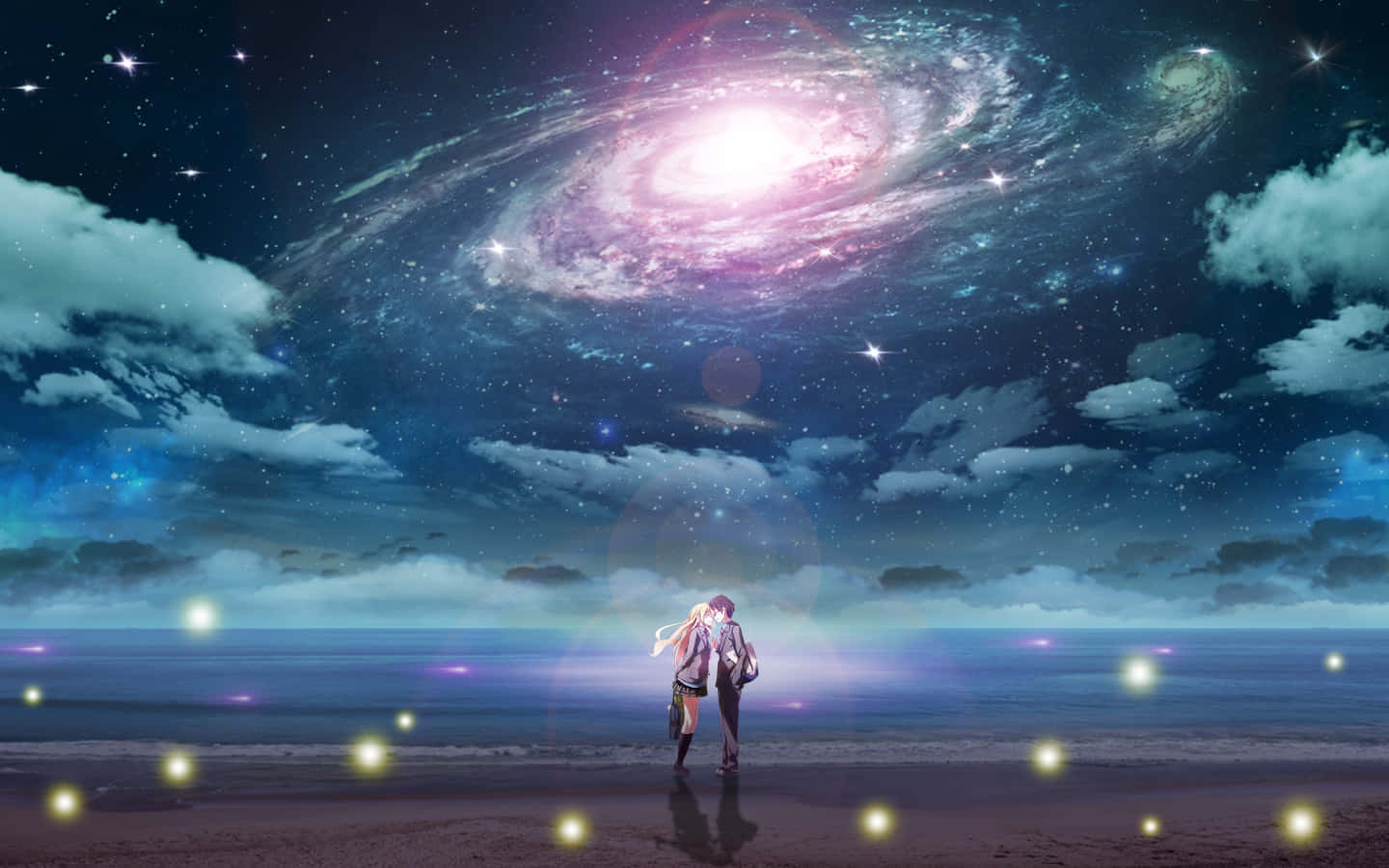 Your Lie In April 桌布 壁紙 — 兩個動漫人物站在發光的海灘上，上方是巨大的旋轉星系和星空。