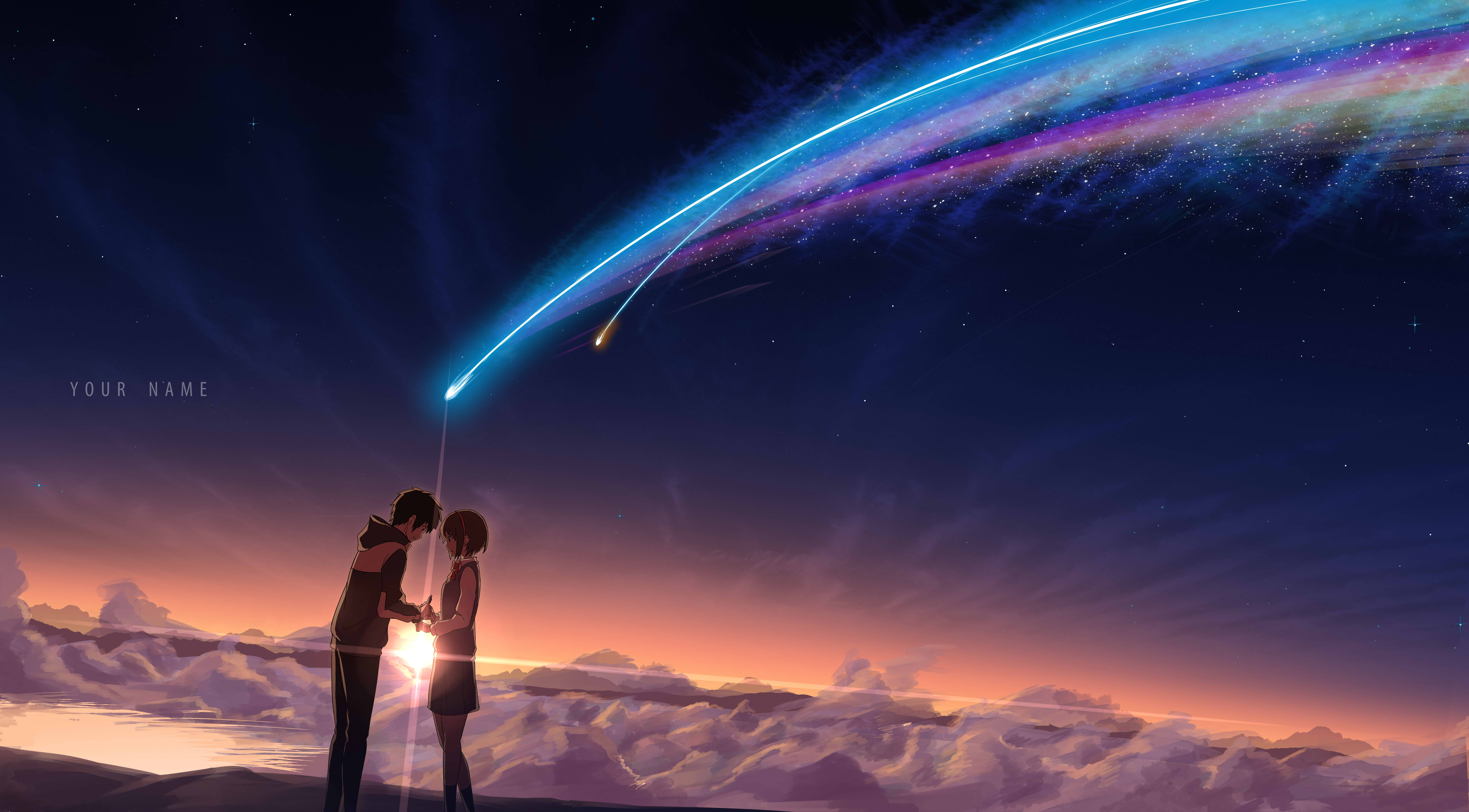 Your Name 桌布 壁紙 — 兩個動漫人物站在雲端上，凝視著一顆閃亮的彗星劃過暮色天空。