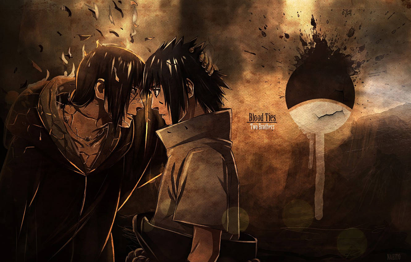 Uchiha 桌布 壁紙 — 兩個動漫兄弟在黑暗的天空下戲劇性地、火熱地擁抱，背後有一個濺開的面具符號。
