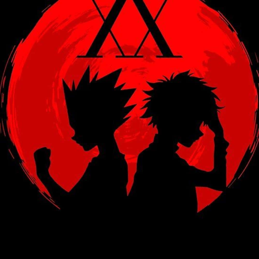 獵人 x 獵人 桌布 壁紙 — 兩個動漫剪影站在血紅色的月亮前，上方有一個黑色的 'X' 符號。