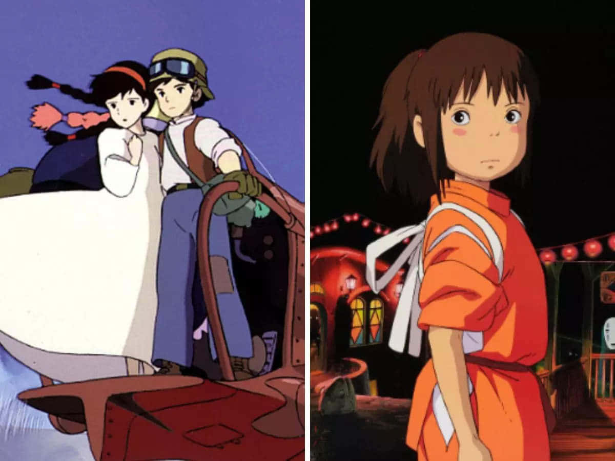 Castle In The Sky 桌布 壁紙 — 兩個動漫場景並排：一個男孩和一個女孩在飛行器中，背景是紫色天空，還有一個女孩穿著橙色和服，夜晚站在發光的紅色建築前。