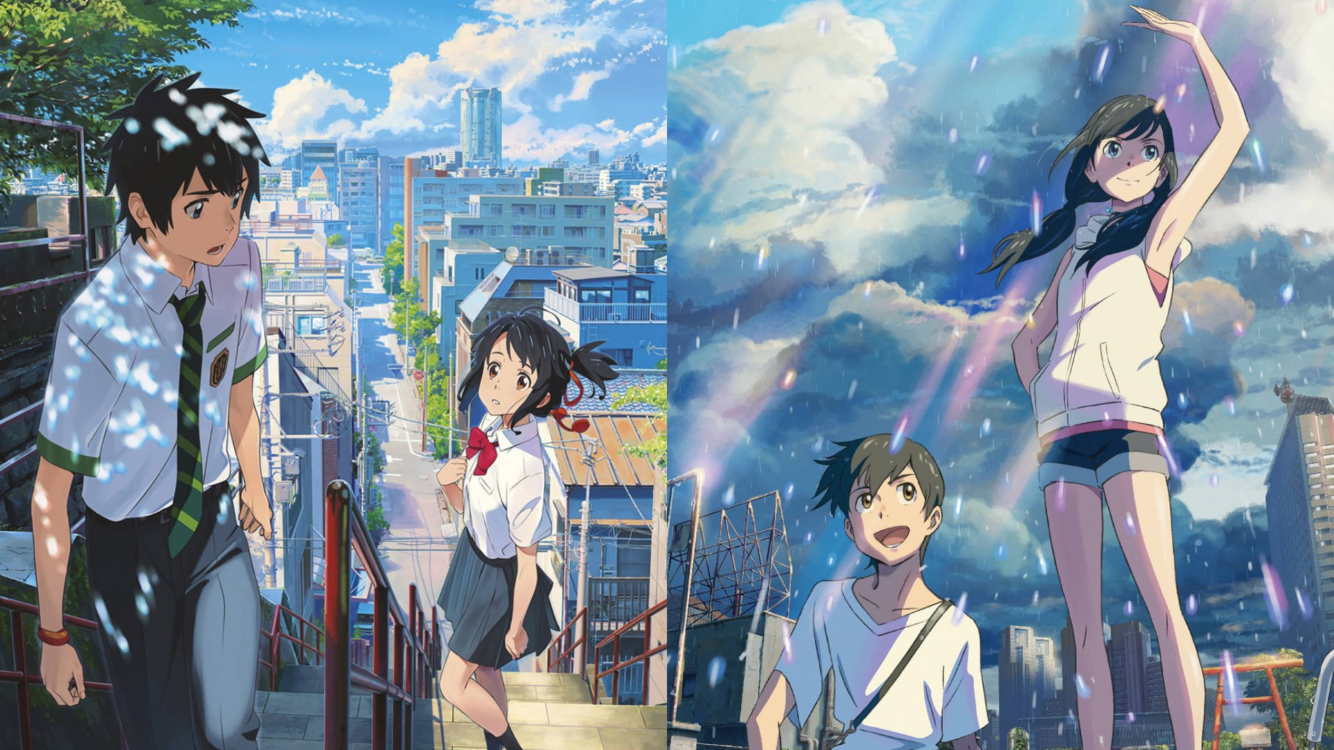 Makoto Shinkai 桌布 壁紙 — 兩個動漫場景展示青少年在都市環境中，一個在陽光下的樓梯上，另一個在雨中跳舞，伴隨著發光的粒子。